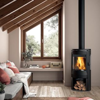 Poêle à bois INVICTA Neosen 3 vitres noir buche sortie de fumées dessus 6KW ø buse 150 longueur de buches 40cm acier